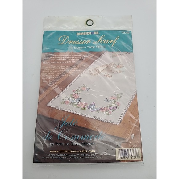 VTG‎ Dimensions Stamped CROSS STITCH DRESSER SCARF 72769 Butterfly Dreams Floral - Picture 1 of 6